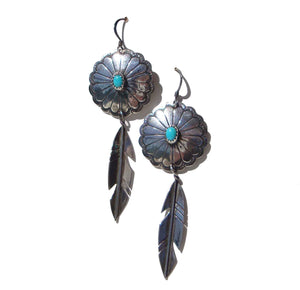 Vintage Navajo Earrings Sterling Turquoise Concha & Feather