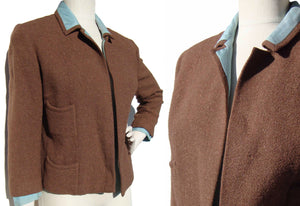 Vintage 60s Crop Jacket Brown Wool & Teal Silk Bolero M