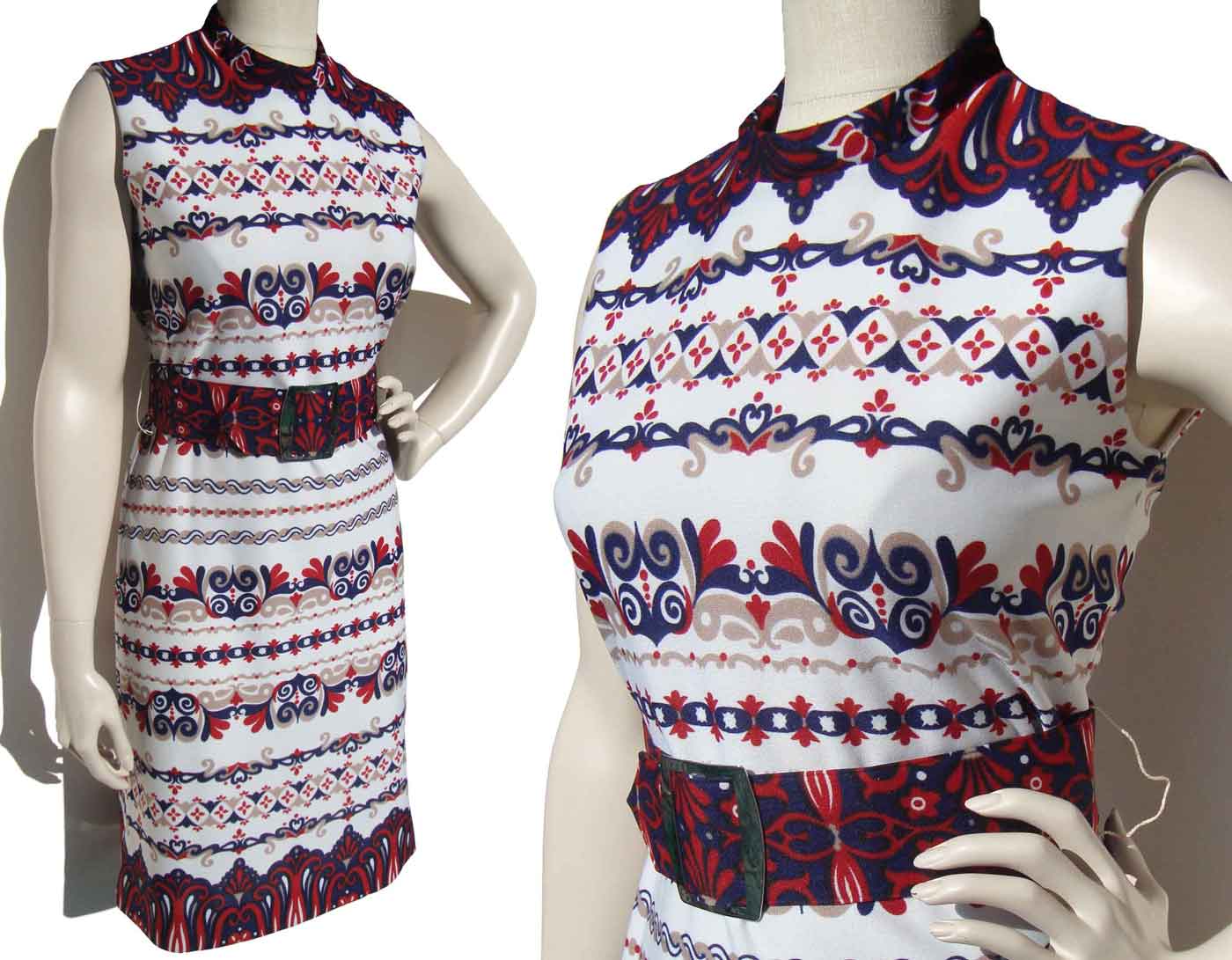 Vintage 60s Mod Dress Red White Blue Border Print M