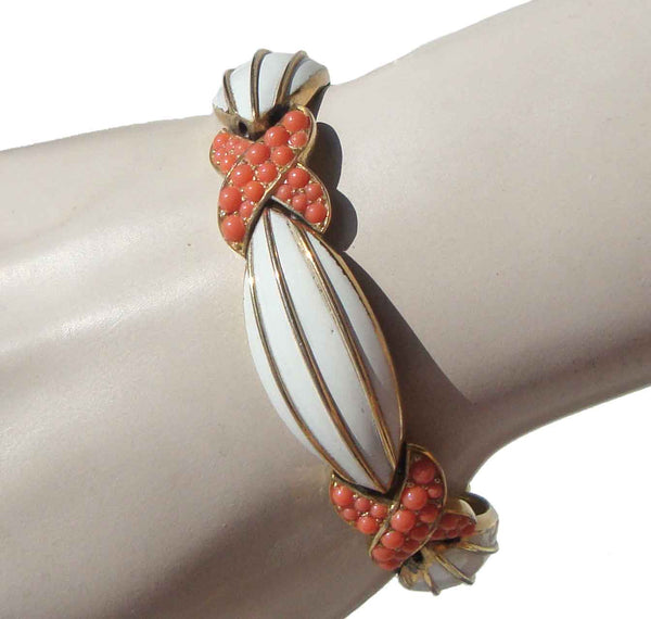 Vintage Trifari Bracelet White Enamel & Faux Coral Ballotini Beads