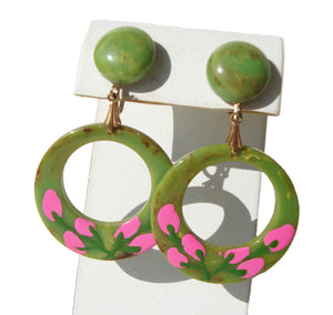 Vintage Bakelite Earrings Green & Pink Painted Hoops
