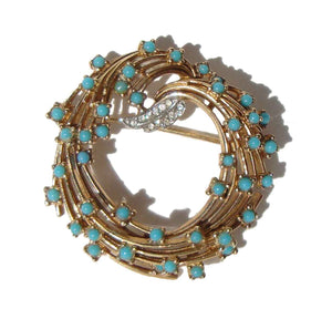 Vintage Ciner Brooch Turquoise & Rhinestone Cocktail Wreath Pin