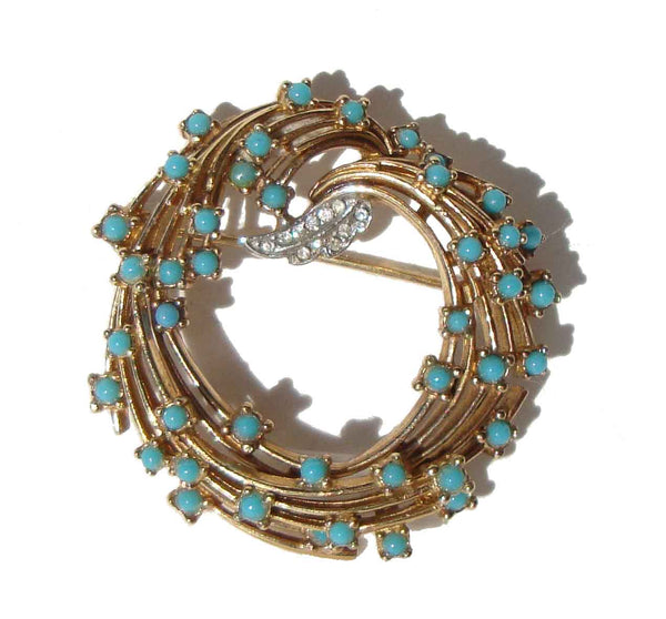 Vintage Ciner Brooch Turquoise & Rhinestone Cocktail Wreath Pin