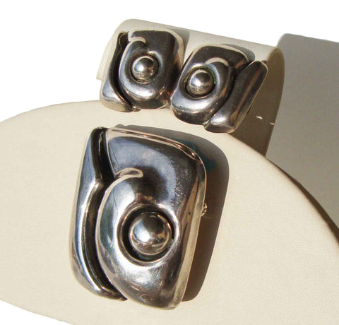 Vintage Dulce Taxco Sterling Silver Mayan Brooch Earrings