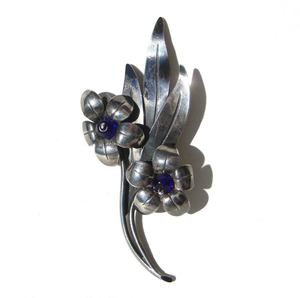 Vintage 40s Hans Teppich Sterling Brooch Art Deco Israeli Beaded Flower Pin