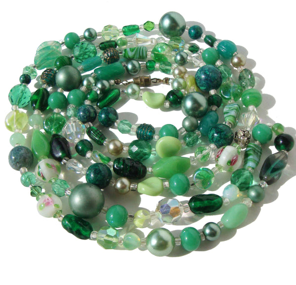 Vintage Venetian Beaded Necklace Green Rope Lampwork Glass Beads