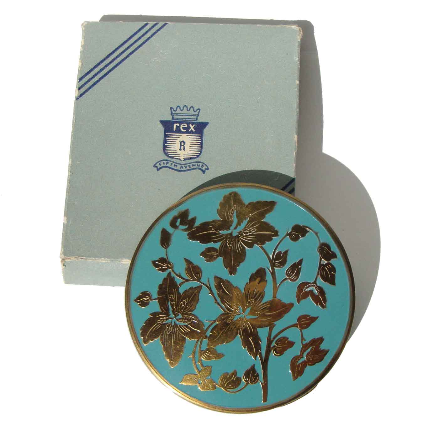 Vintage 40s Flapjack Compact Rex Fifth Ave Turquoise Enamel – Deadstock in Box  Edit alt text
