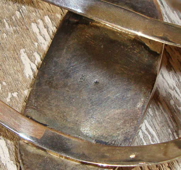Signature Stamp on Vintage 70s Zuni Cuff Indian Bracelet Sterling Silver & Pink Shell Native American