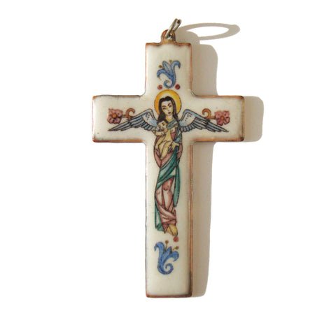 Vintage Copper Enameled Cross Pendant Hand Painted Mary Christ Child Religious
