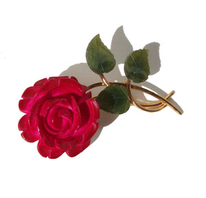 Vintage Van Dell Brooch Carved Red Rose Flower & Jade Pin