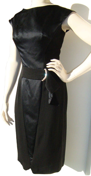 Vintage 60s Grenelle Roberts Dress Black Silk Cocktail Rhinestone Buckle M