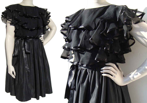 Vintage 60s Cocktail Dress Black Taffeta Party Chiffon LBD - S