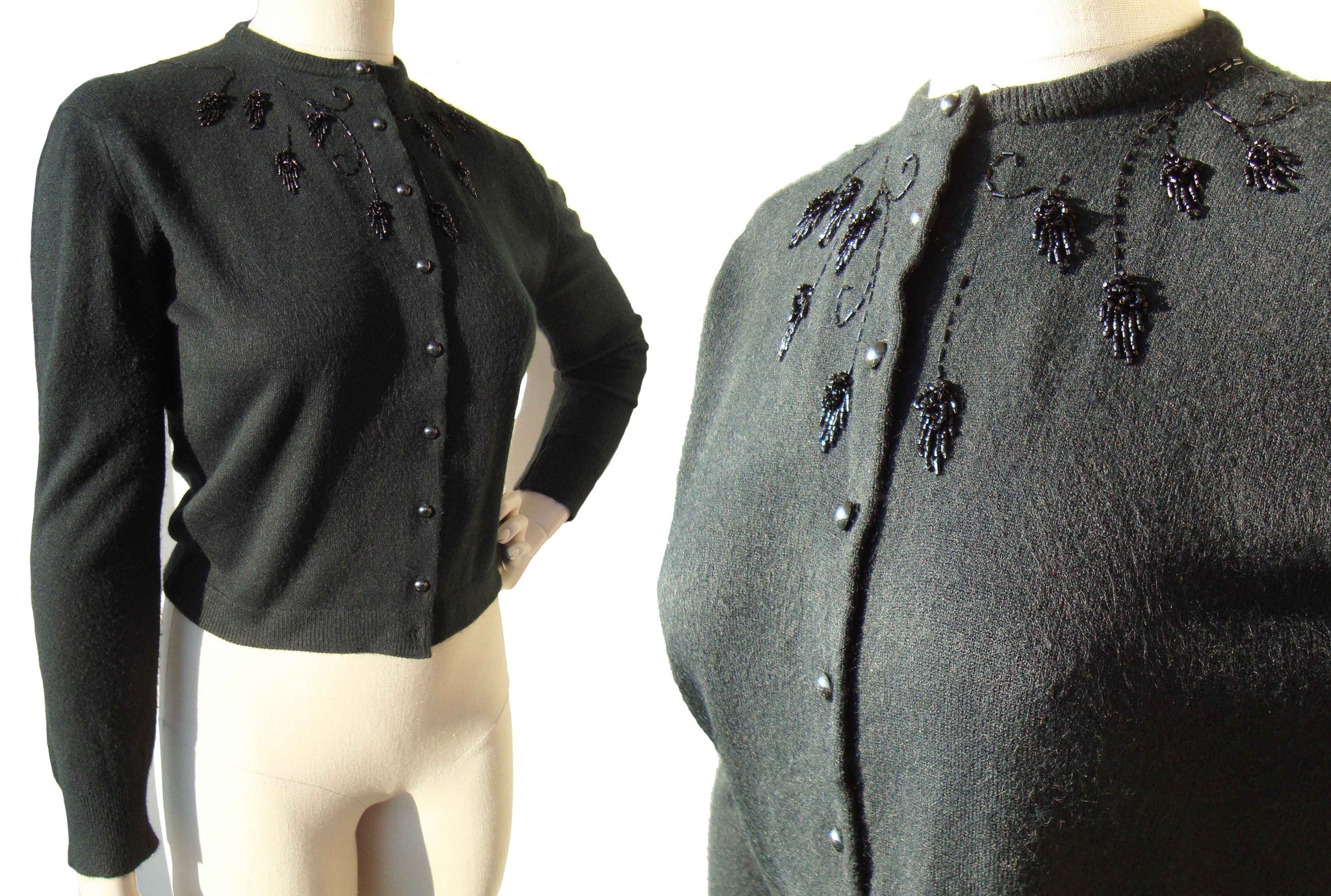 Vintage 70s Sweater Anne Klein Beaded Black Wool Cardigan M