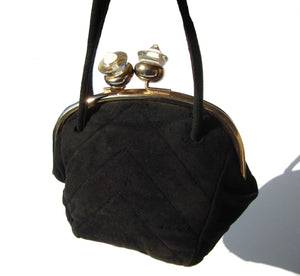Vintage 40s Bag Black Suede & Lucite Clasp Art Deco Handbag