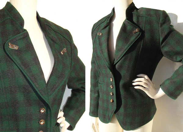 Vintage Gössl Wool Jacket Trachten Green Buffalo Plaid 