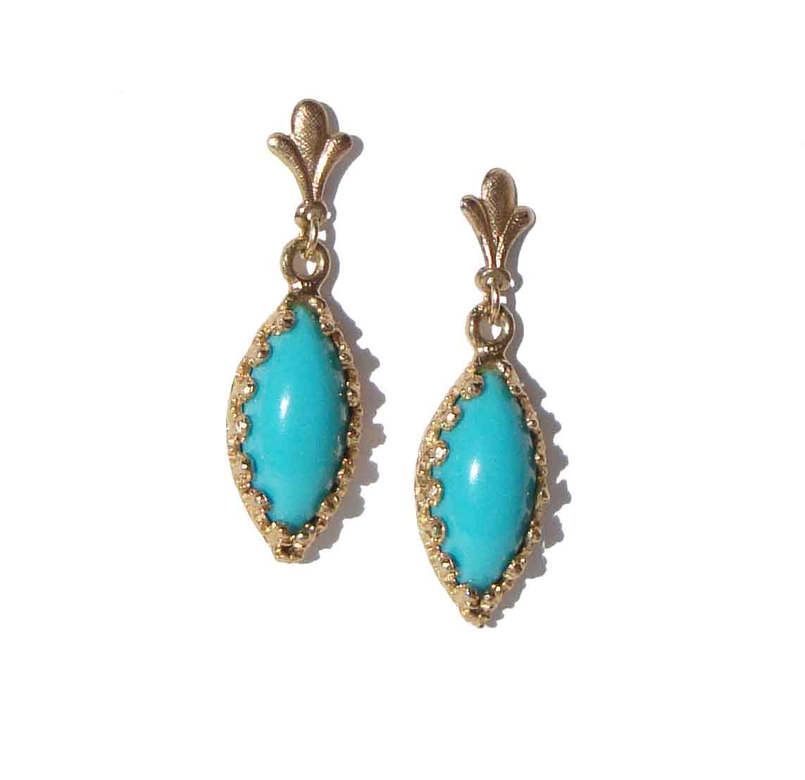 Vintage 14K & Turquoise Fleur de Lis Drop Earrings