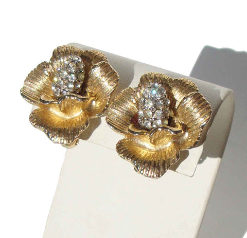 Vintage ART Rhinestone Flower Earrings