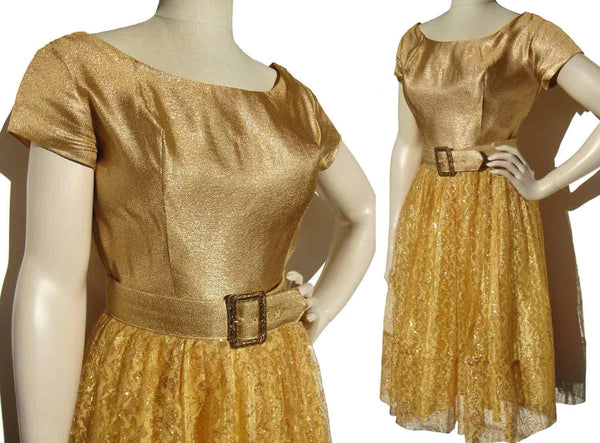 Vintage 60s Gold Dress Metallic & Lace Cocktail Party M
