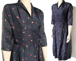 Vintage 40s Dress Silk Navy Blue Art Deco Novelty Print S / M