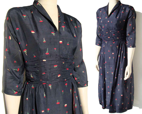 Vintage 40s Dress Silk Navy Blue Art Deco Novelty Print S / M