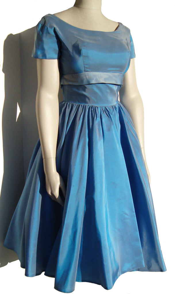 50s party dress Vintage 50s Party Dress Blue Taffeta Cocktail Dress S