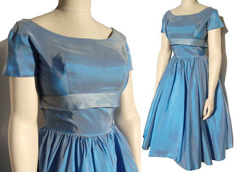 Vintage 50s Party Dress Blue Taffeta Prom Cocktail Dress S
