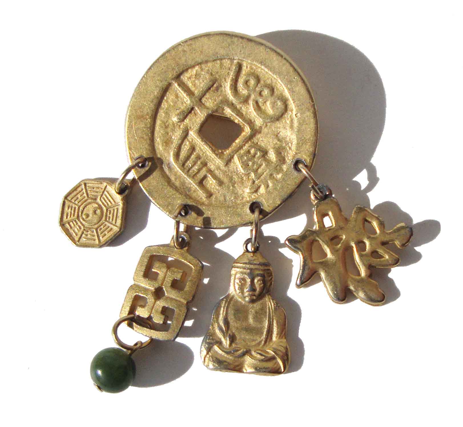 Vintage Chinese Coin Brooch w/ Good Luck Charms Pin