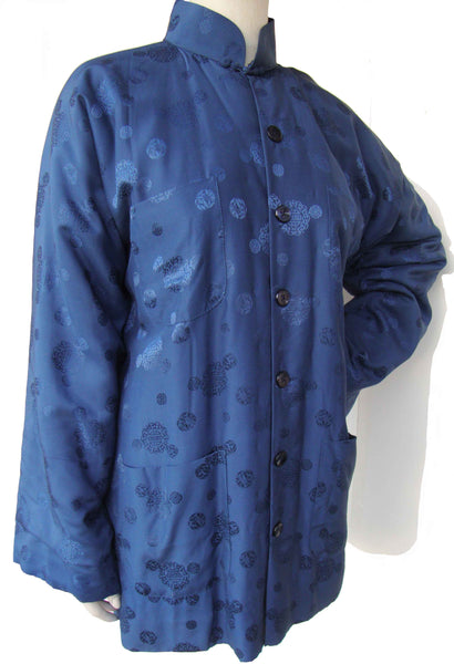 Vintage Mandarin Blue Silk Padded Jacket Peony of Shanghai Asian Coat XL