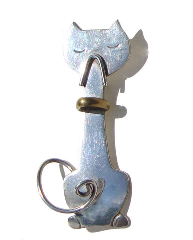 Vintage Taxco Cat Brooch Sterling Silver & Brass Pin Pendant