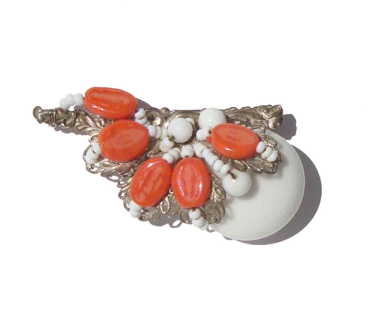 Vintage 50s Miriam Haskell Milk Glass & Orange Beaded Brooch Pin