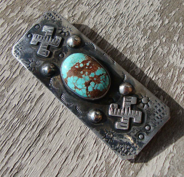 Southwestern Whirling Logs Indian Silver & Turquoise Pin