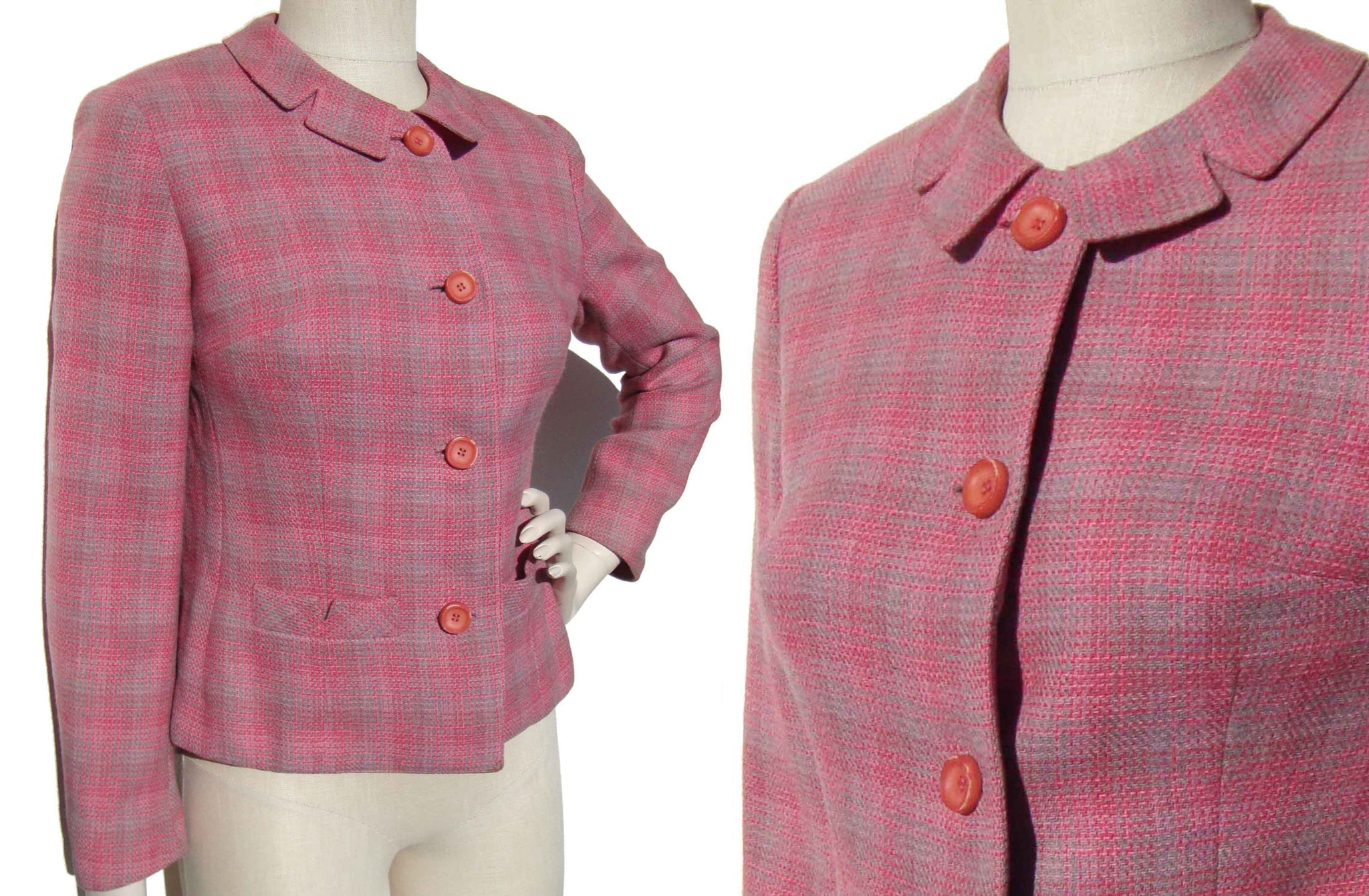 Vintage 60s Pink Jacket Ladies Mod Wool Plaid