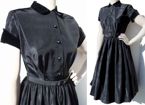 Vintage 50s Dress Black Rayon Velvet Trim & Full Skirt
