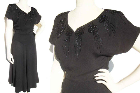Vintage 40s Beaded Peplum Dress Black Rayon Crepe S  Edit alt text
