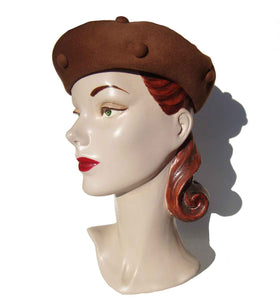 Vintage Glenover Henry Pollak Hat Camel Wool Felt Beret Button Trim