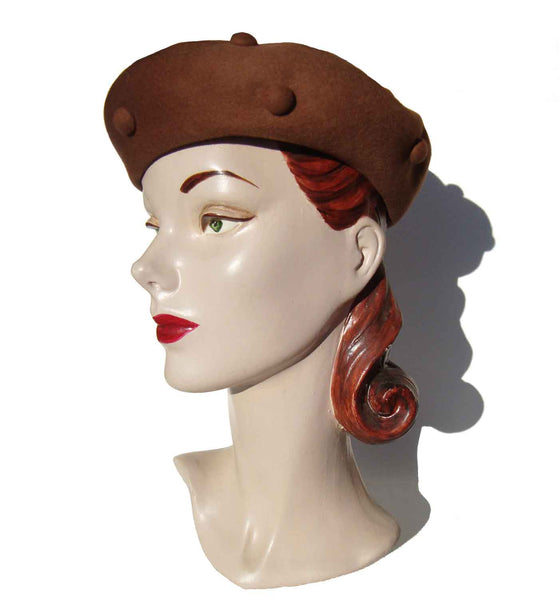 Vintage Glenover Henry Pollak Hat Camel Wool Felt Beret Button Trim