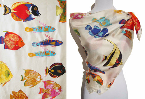 Vintage Echo Silk Tropical Fish Scarf Multicolored Novelty Print