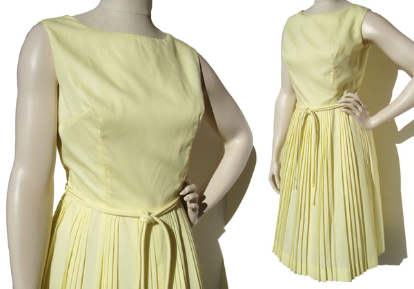 60s Sleeveless Yellow Dress Vintage Summer Pleated Cotton M