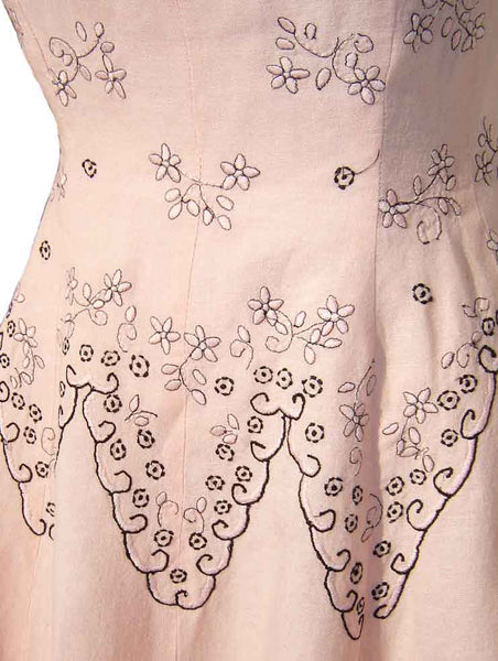 Embroidered Details of 50s Cuban Pink Dress Pre-Embargo