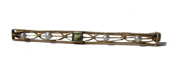 30s Art Deco 10K Gold and Periodot with Seed Pearls Brooch