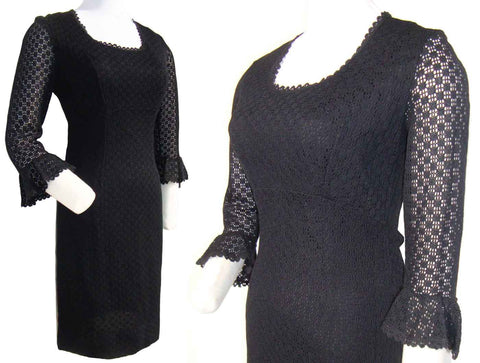 Vintage 60s Dress Black Lace Crochet Knit S XS