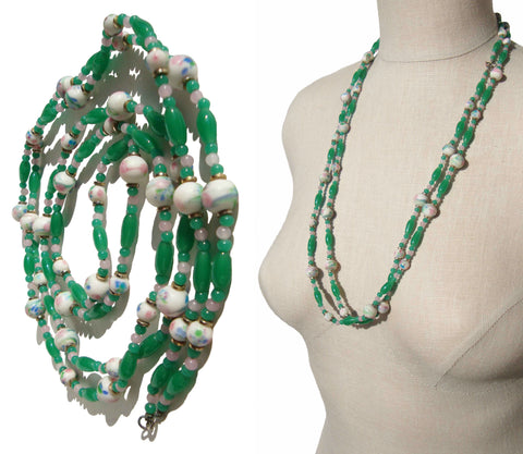 Vintage 60s Beaded Necklace Green Art Glass Japanese Millefiori