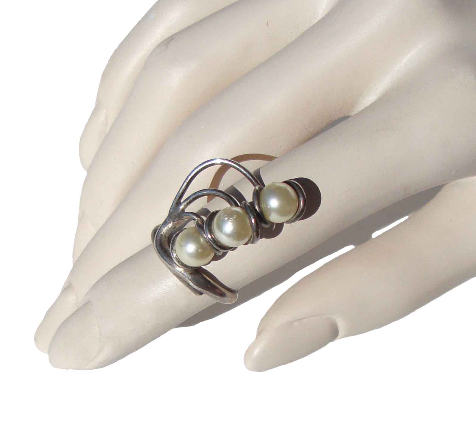 Vintage Modernist Ring Sterling & Pearls Adjustable Sz 5