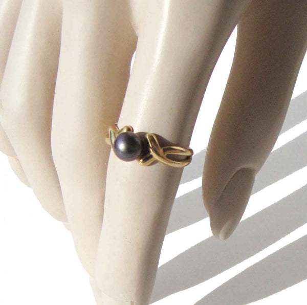Vintage 14K Gold Tahitian Pearl Ring Black Aubergine