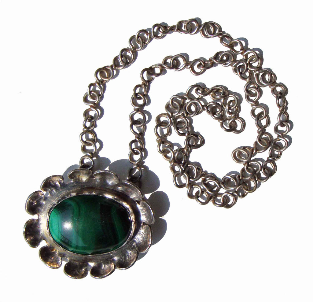 Vintage 70s Brutalist Sterling Silver Malachite Pendant Necklace T.H Metro Retro Vintage