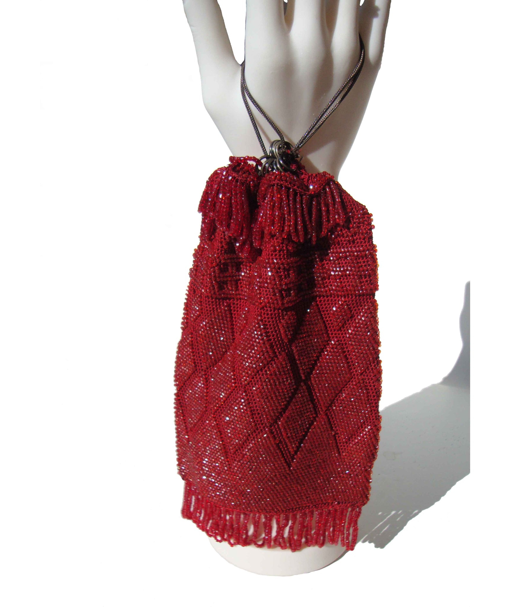 Antique 1920s Red Micro Beaded Purse Flapper Reticule Drawstring Bag