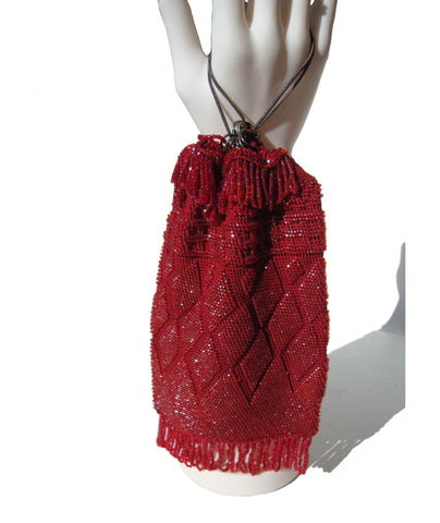 Antique 1920s Red Micro Beaded Purse Flapper Reticule Bag