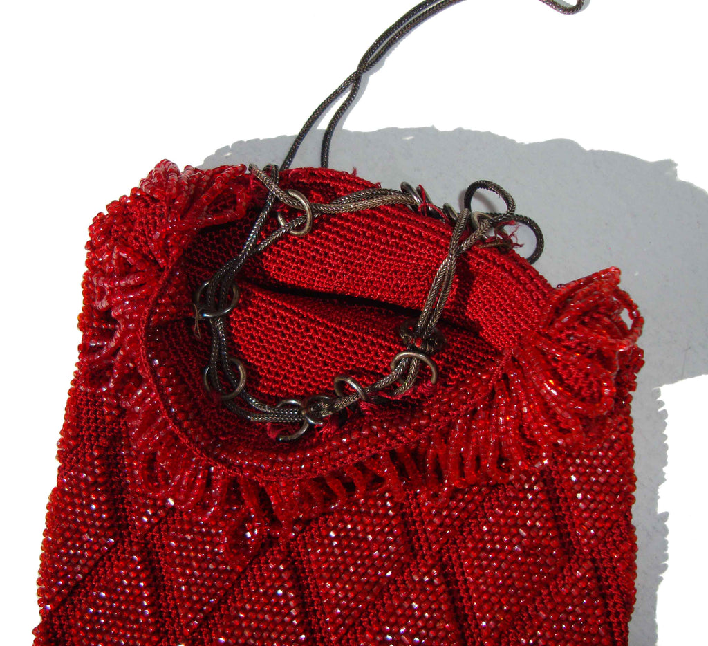 Antique 1920s Red Micro Beaded Purse Flapper Reticule Drawstring Bag