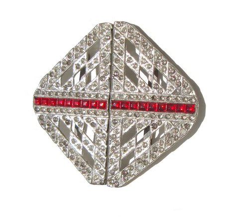 Vintage 30s Rhinestone Belt Buckle Art Deco White & Red Stones – 3 inches