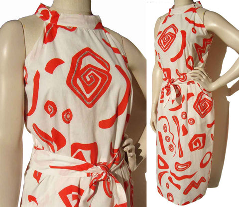 Vintage 80s Dress Red Silver & White Pop Art Halter M - Rodié by Pierre